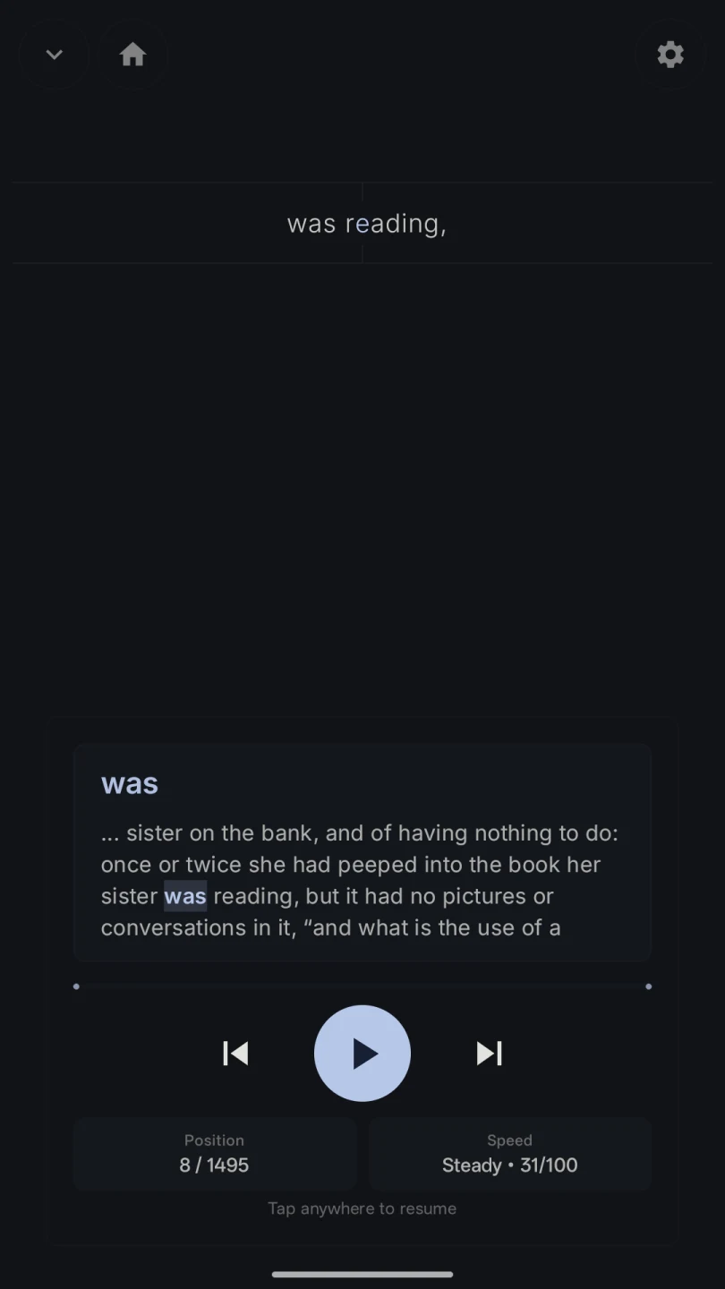 Kairo RSVP screen with a focused word and playback controls